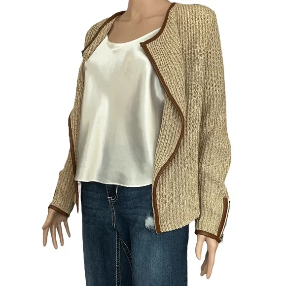 NWOT Lucky Brand Open Faux Leather Edged Sweater, Browns |M - Picture 4 of 15